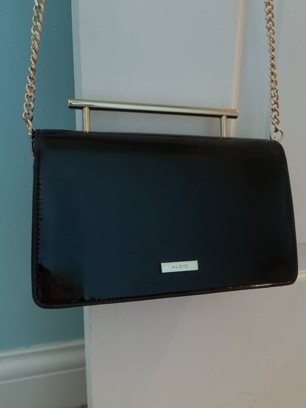 ALDO Black Patent Leather Clutch Evening Bag Gold Hardware and Chain NWOT